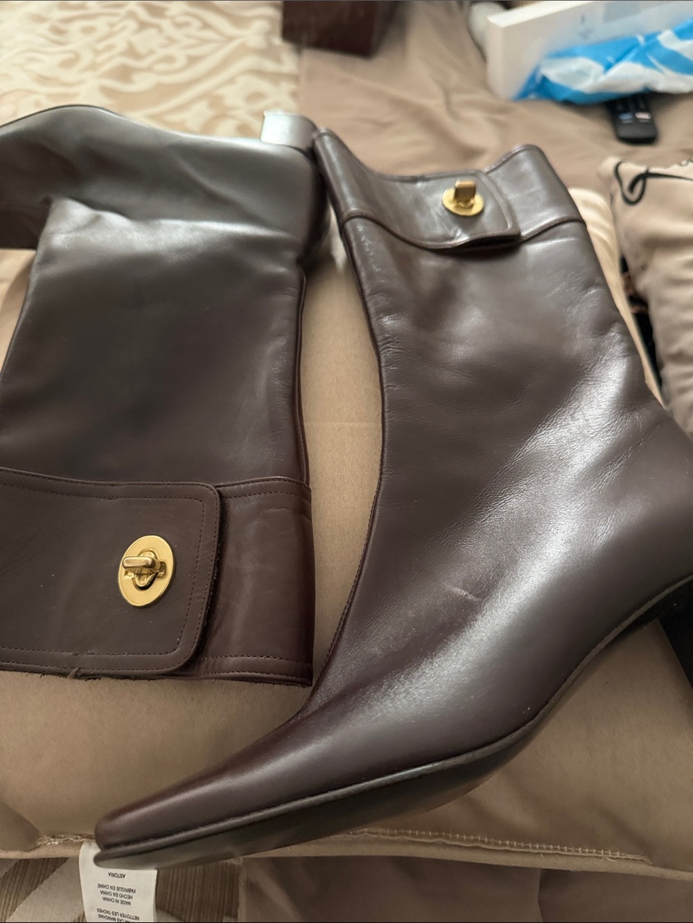 Classic Brown Leather Square-Toe Boots with Gold Hardware